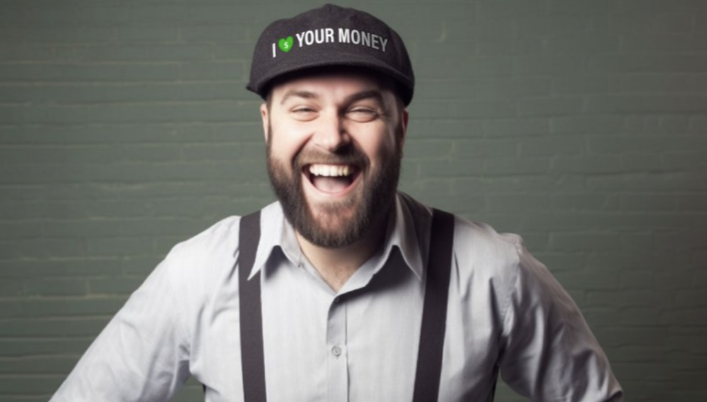 Man laughing, wearing a hat that says "I love your money"
