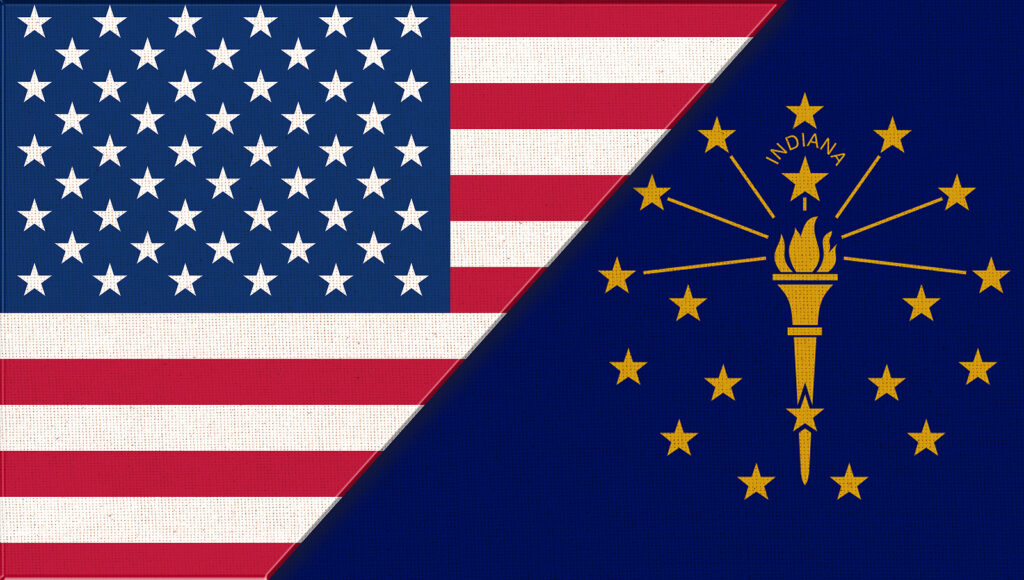 A graphic design of the USA flag split diagonally with the State of Indiana flag.