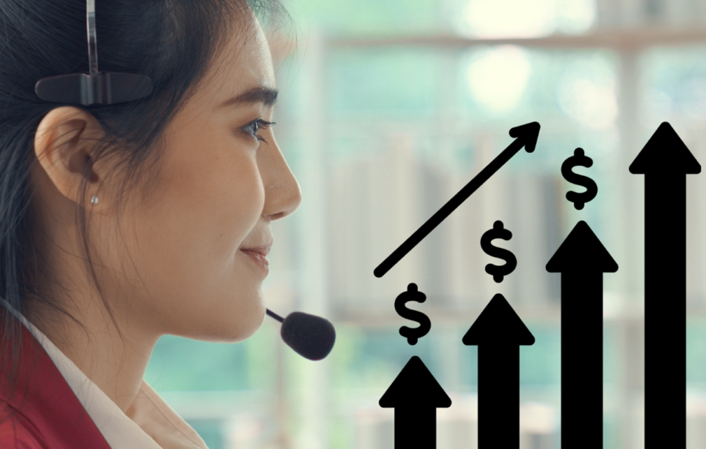 Young female with a headset on working at a telemarketing call center for outbound calls, and a chart with increasing arrows and money sign over each arrow showing the increase