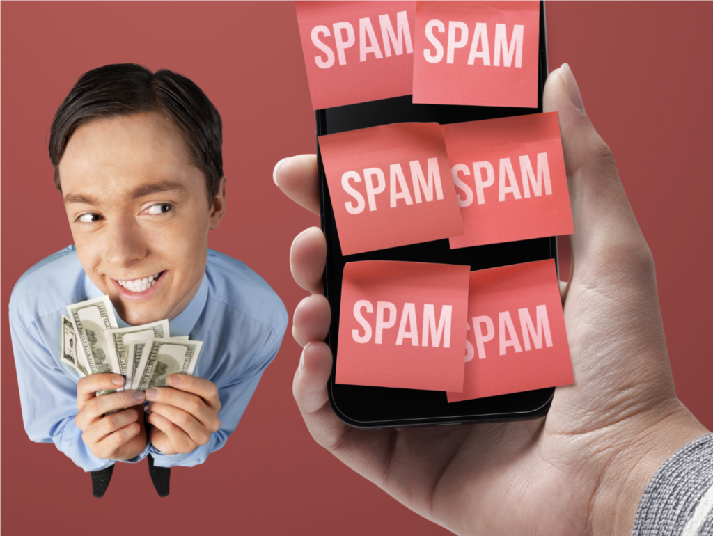 male dressed professional holding money staring at a hand holding an iPhone with sticky notes on it with the word "Spam" on each one.